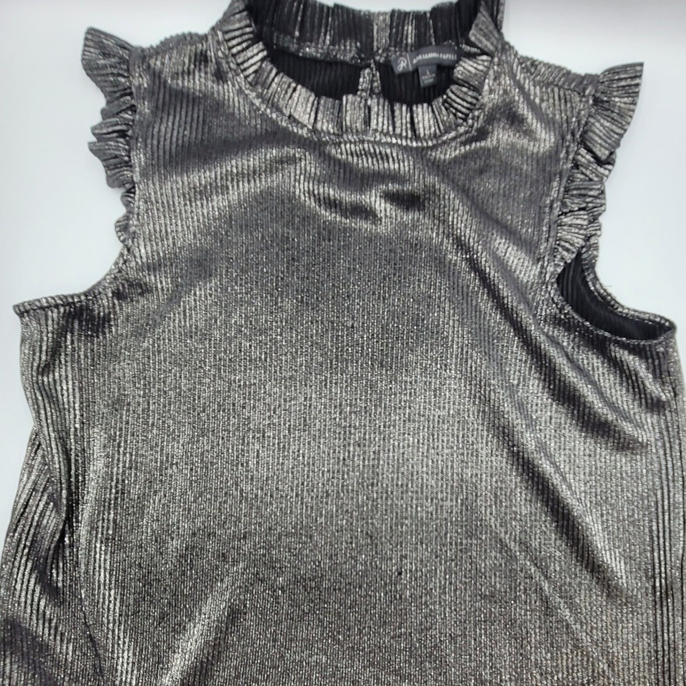 Adrianna Papell Glam Eveningware Silver Metallic Pleated Ruffle Blouse Large
